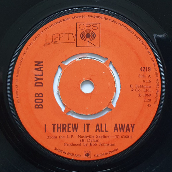 Bob Dylan - I Threw It All Away (7", Single, 4 P)